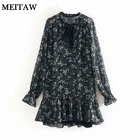 Винтажное шифоновое платье с цветочным принтом, повседневные свободные платья с длинным рукавом, 2020, с оборками и бантом, элегантное плиссированное платье