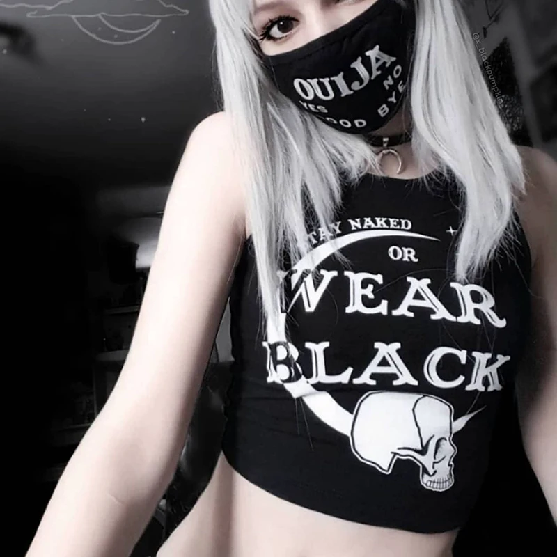 

Gothic Tank Top Womens Summer 2021 Female Sexy Sleeveless Short Black Letter Tanks Camis Vintage Vest Tops Women