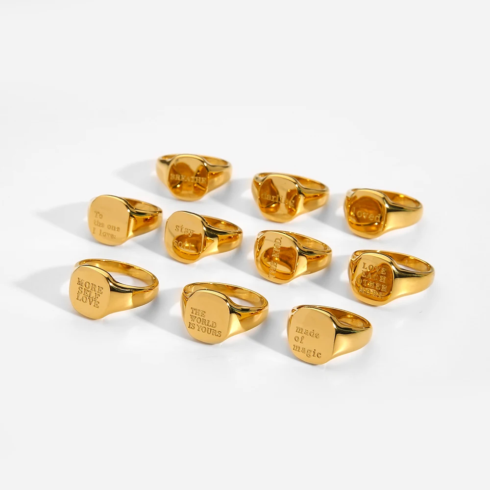 

New Engraved Letter Word Suqare Signet Ring Artist Inspired Jewelry Gold Plated Stainless Steel Chunky Rings for Women Gift