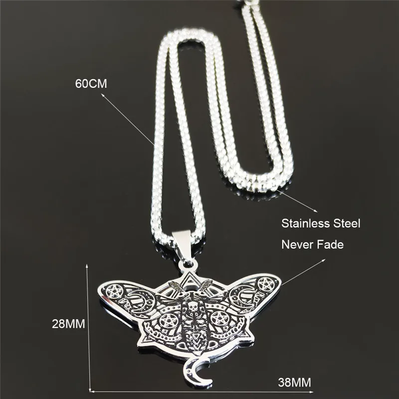 

AFAWA Witchcraft Pentagram Moon Skull Stainless Steel Moth Necklaces Women/Men Black Color Necklace Jewelry colgante N3328S02
