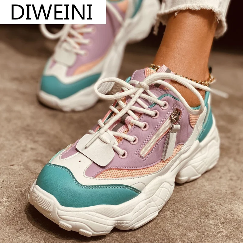 

Women's Shoes Comfortable Breathable Casual Shoes Autumn Women's Color Matching Non-slip Sneakers Lace-up Mesh Platform Shoes