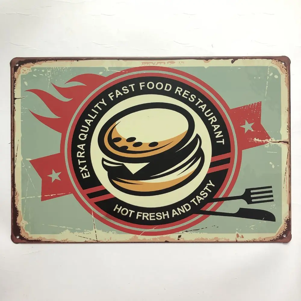 

Fast Food Restaurant Fresh Tasty Hot Vintage Retro Tin Signs Poster Bar Pub Home Wall Decor Drink Plaque Metal Art Sticker