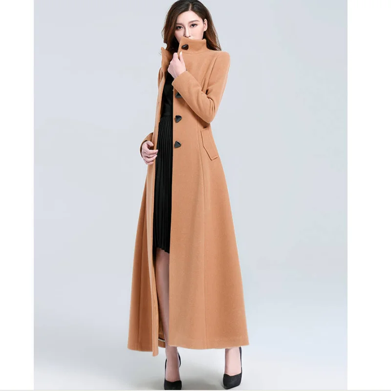

Autumn Winter Women Woolen Jacket New Warm Solid Color Stand Collar Long-sleeve Fashion Casual Female Slimming Mid-length Coat