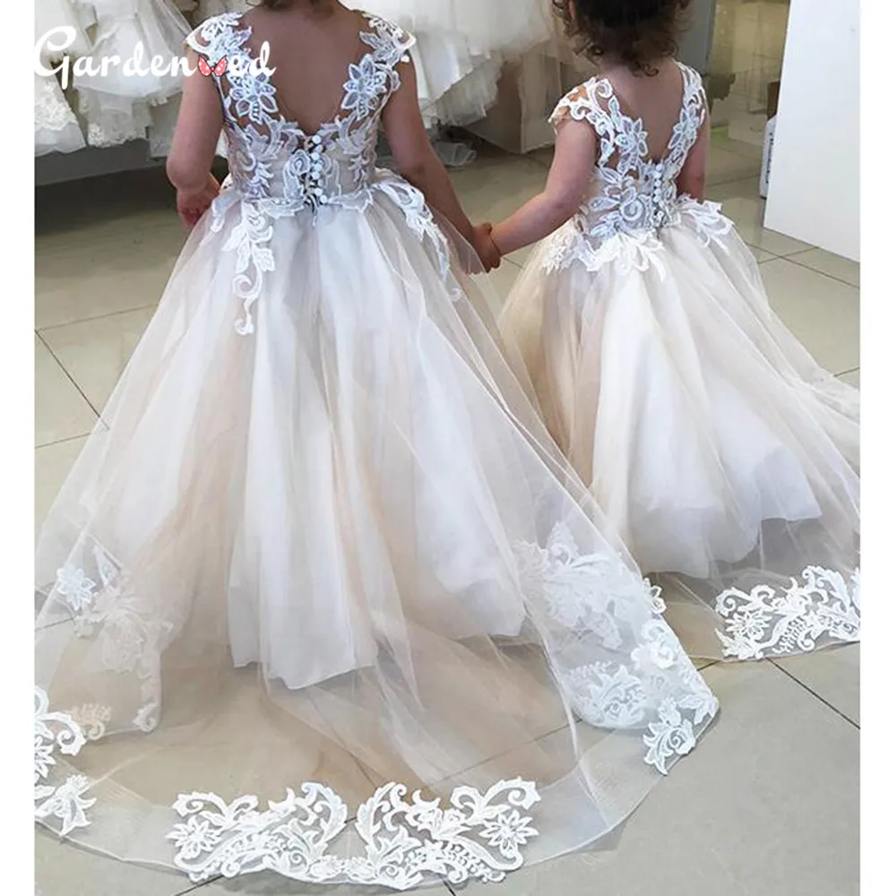

Lace Flower Girl Dresses Sleeveless Button Back First Communion Dresses Champagne Girl Princess Dress robe de princesse fille