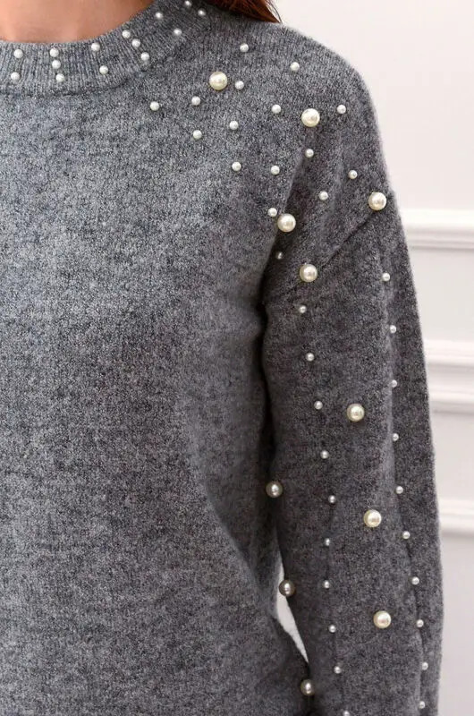 Women Knitted Solid Round Neck Pearl Oversized Loose Sweater Crew Cashmere Jumper Ladies Winter knit Long Pullover Tops | Женская одежда