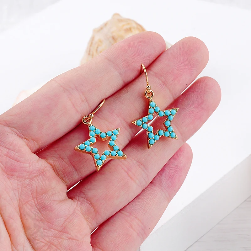 Unique Blue Resin Dot Ornament Hollowed-out Star Drop Earrings For Women Gifts Fashion Jewelry Gold Color Ear Hook Wholesale | Украшения и