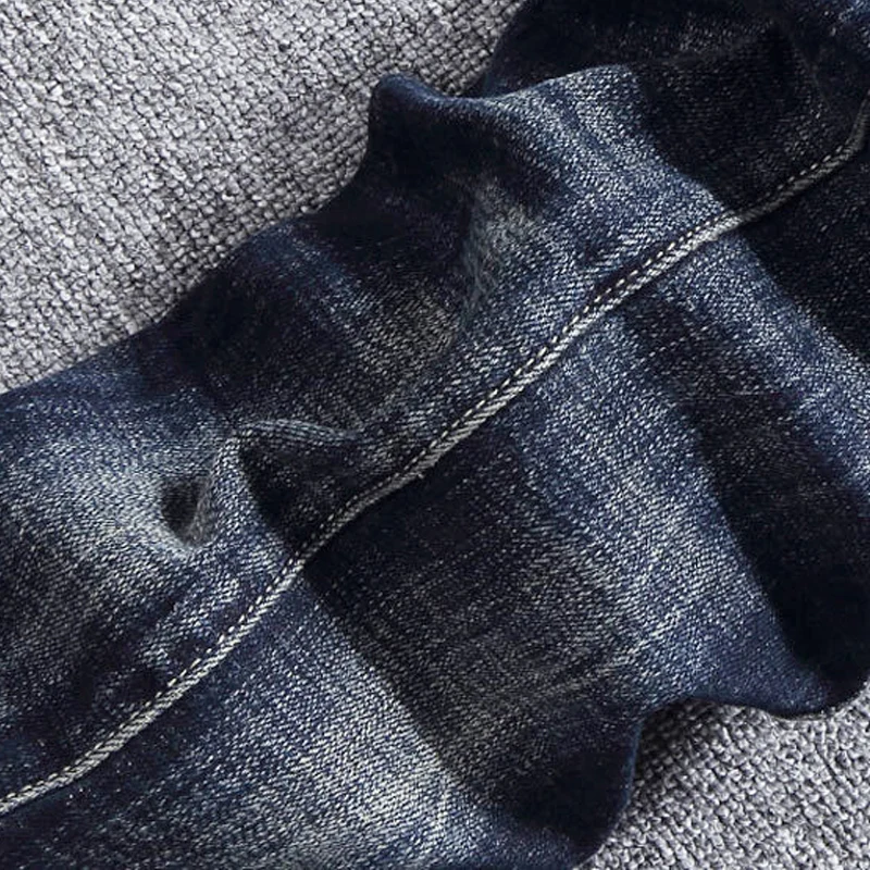 

Italian Style Fashion Men Jeans Distressed Dark Blue Spliced Designer Ripped Jeans Men Slim Fit Vintage Retro Denim Punk Pants