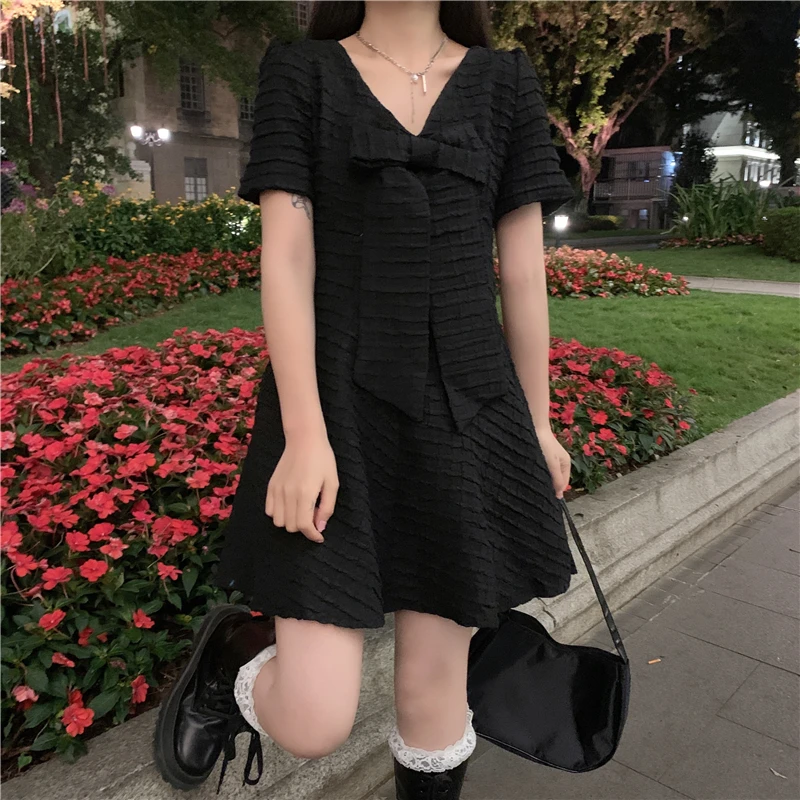 

Japanese Sweet Lolita Dress Soft Girl Korean Kawaii Bow White Mini Dress Women Elegant Retro Puff Sleeve High Waist Dresses Lady