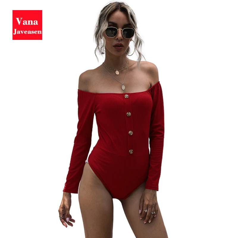 

Sexy Slash Neck Button Skinny Bodysuits Women Streetwear Burgundy Long-sleeved Slim One-piece Rompers Off Shoulder Bodysuits
