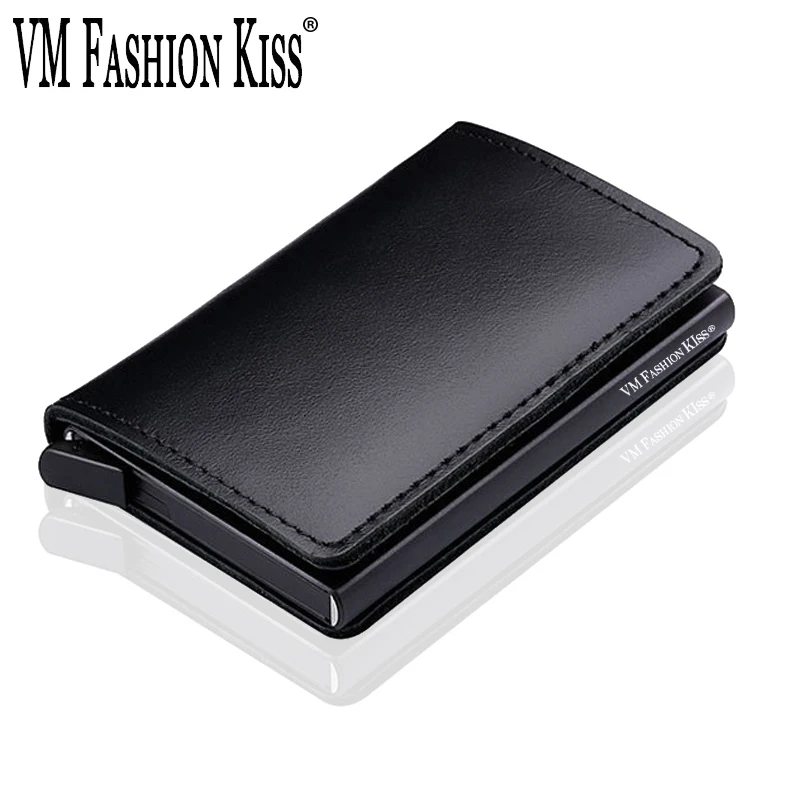 VM FASHION KISS RFID Genuine Leather Minimalist Wallet DIY Metal Aluminum Safe Purse Credit Id Business Card Holder Cardholder