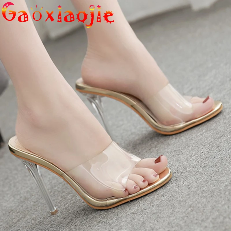 

Transparent Slippers Women High-Heeled 11.5CM Wild Open-toe Rubber Fine Heel Crystal Sandals Temperament Nightclub Ladies Shoes