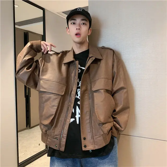 

Handsome Korean Leather Jacket Men's Trend Ins Wild Autumn and Winter Clothes Plus Velvet Thick Young Jacket