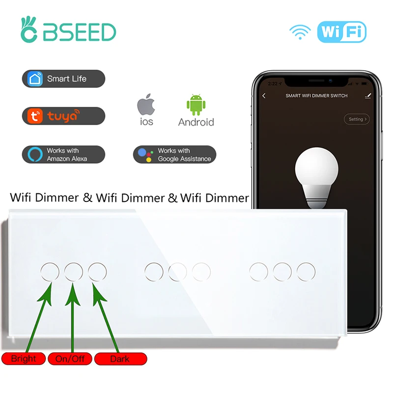 

BSEED Wifi Dimmer Switch Triple Wall Light Switches Adjustable Brightness Google Smart Life Alexa Voice Control Glass Panel