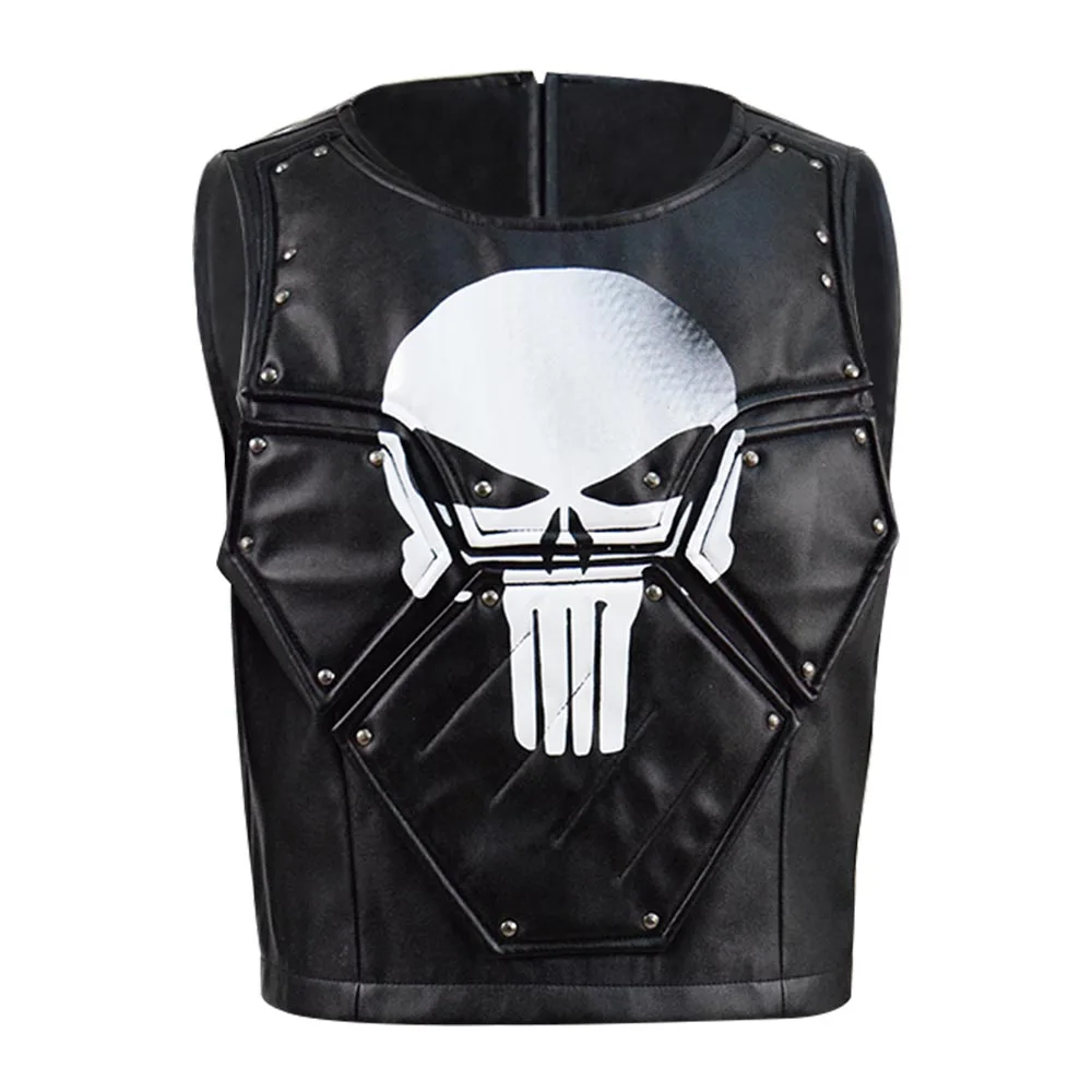 

Cossky Франк замок косплей костюм мужчины череп печатных черный ПУ жилет