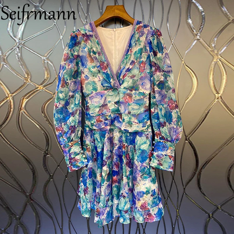 

Seifrmann New 2021 Autumn Women Fashion Runway Party Midi Dress Sexy V-Neck High Waist Floral Print Ladies A-Line Dress Vestidos