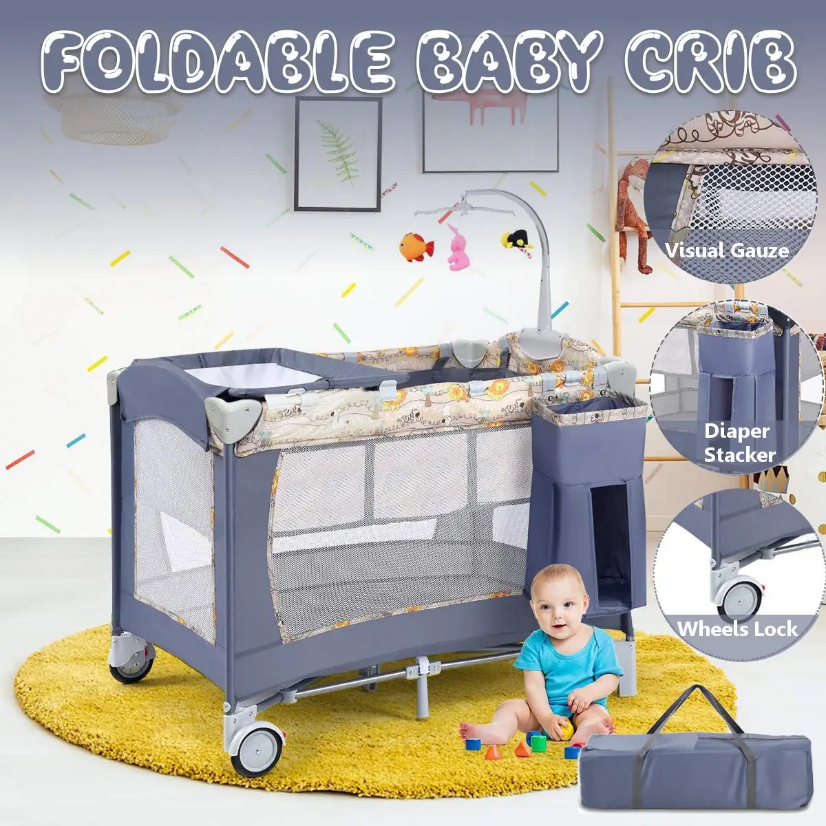 

Multifunctional Crib Portable Folding Newborn Baby Bedside Bed Cradle Bed Stitching Play Game Bed Removable