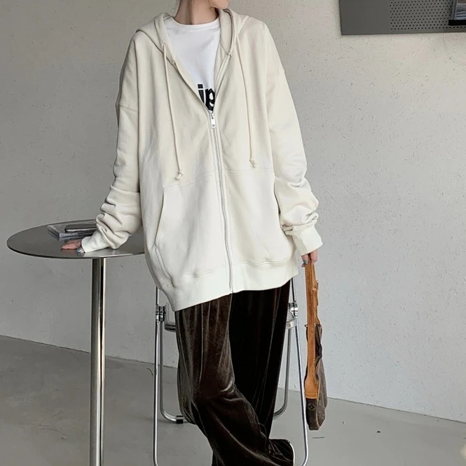 

Women hoodie Solid color Grey zipper sweater autumn winter hoodie for women hooded cardigan coat women's solid BF wind loose