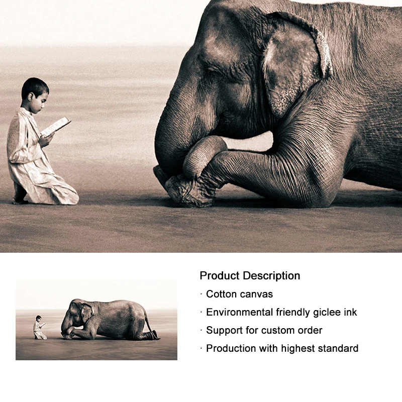 

Boy Reading In Front of Elephant Poster Canvas Paintings Black and White Wall Art Prints for Living Room Decor Unframed