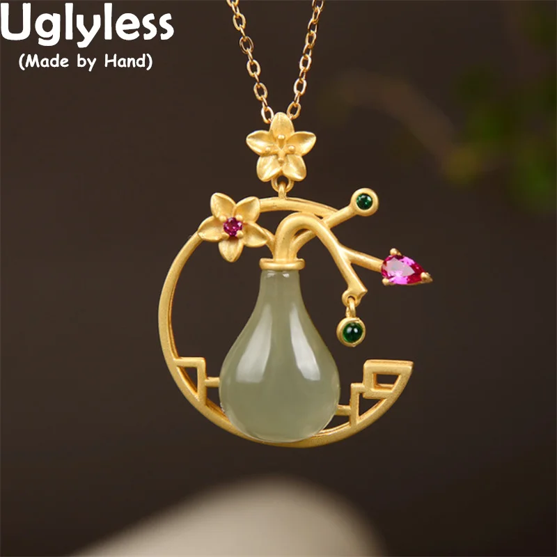 

Uglyless Oriental Flavor Vivid Flowers Vase Jewelry for Women Creative Bottles Natural Jade Pendants Necklaces +Chain 925 Silver
