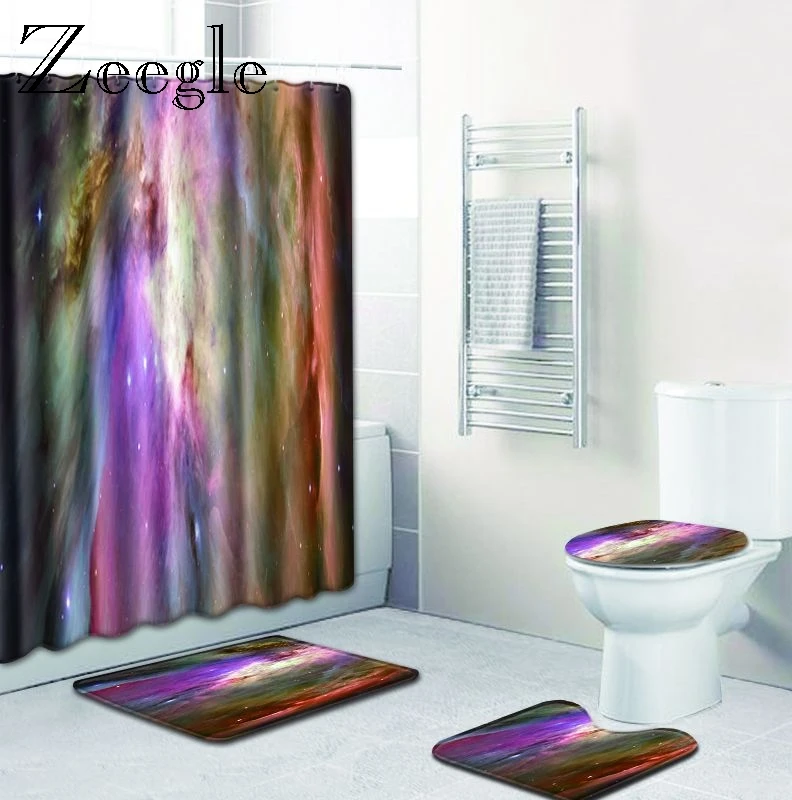 

Zeegle Toilet Bath Mats Shower Anti Slip Bathroom Set Rug Shower Curtain Painting Microfiber Bathroom Mat Toilet Floor Mat 4PCS