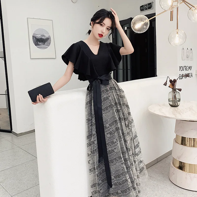 

V-neck Lotus Leaf Sleeve Evening Dress Female Usually Wear Black Banquet Dress Temperament Long Summer Fashion Prom Dress A132