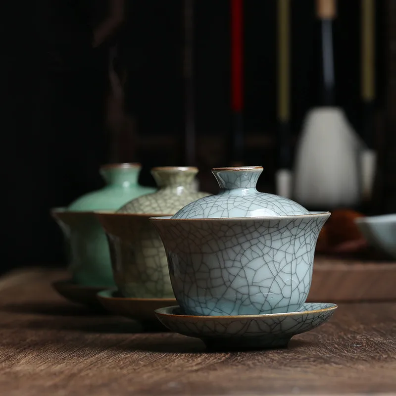 

marked longquan celadon gaiwan crackle glaze porcelain tureen with cup saucer covered bowl lid 150ml creative iron line design