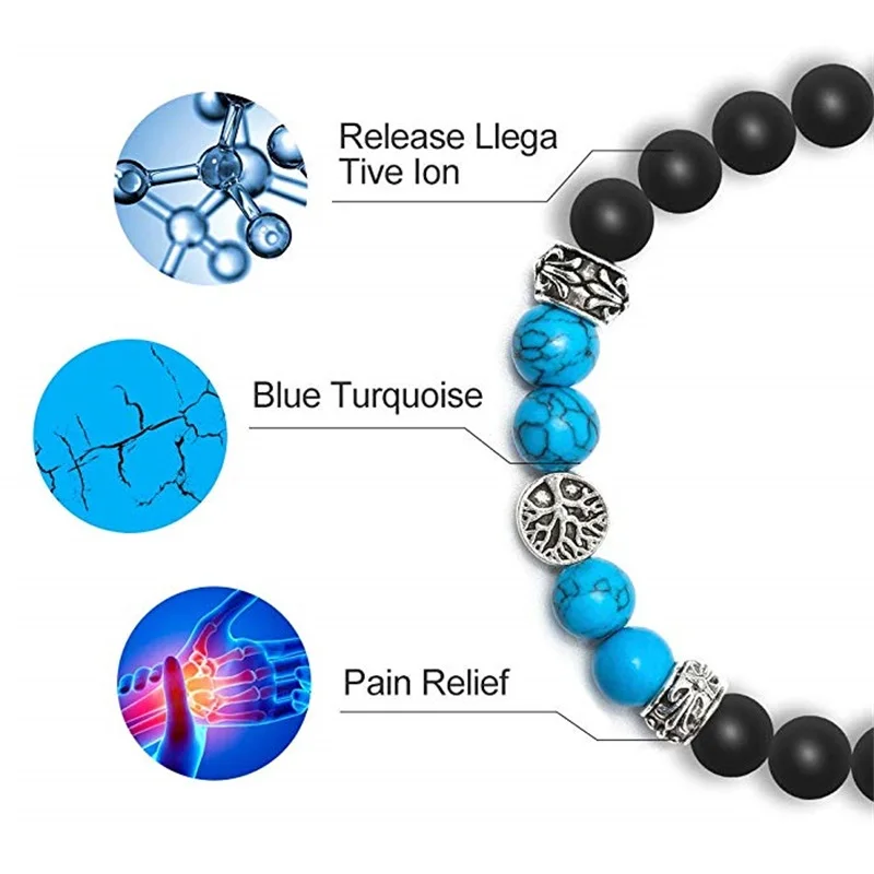 Черный матовый браслет из оникса 8 мм эластичный веревки с деревом жизни