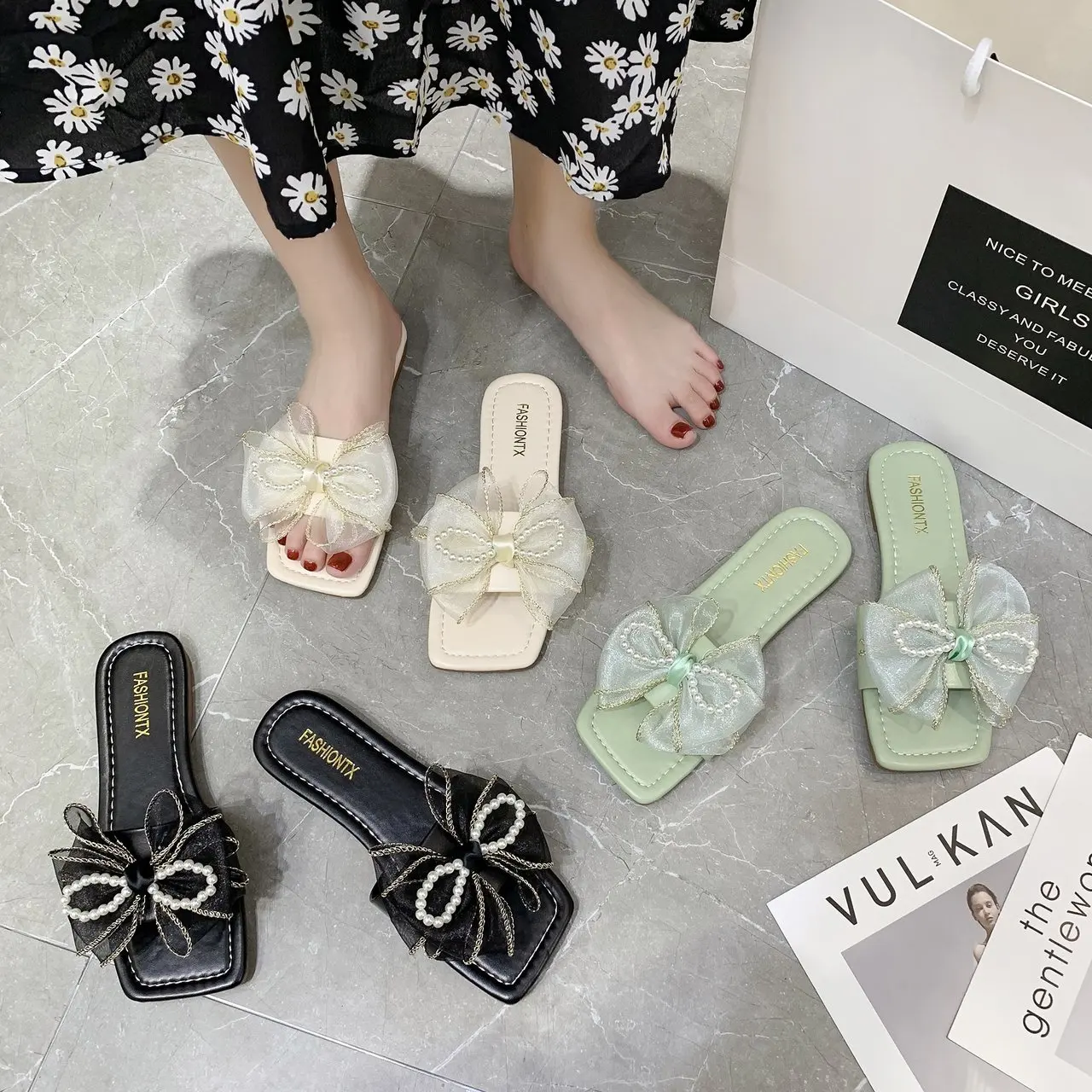 

WOHDHE Slippers Women Open Toe Flat Casual Slide Beach Flip Flops Candy Color Sandal Shoes Green Bowtie Slides