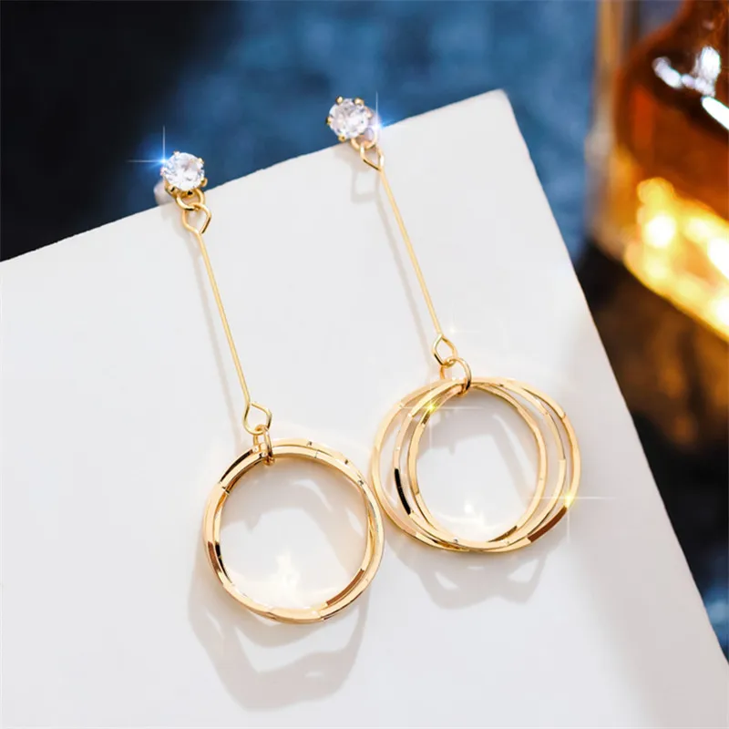 Модные металлические геометрические серьги женские длинные круглые подвески с