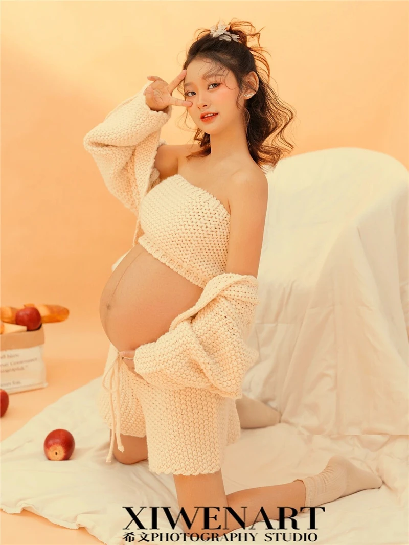 Dvotinst Women Photography Props White Knitting Pregant Tanks Cardigans Shorts Socks Pregnancy Clothes Studio Shoots Photo Props enlarge