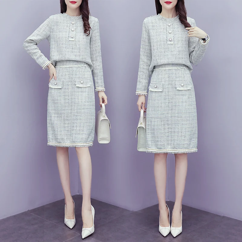 

Suit Women Autumn Outfit Tweed Pullover Top Jacket Short Skirt New Design Leisure Lady Clothes 2 Pcs Clothing Set Vestido M-XXL