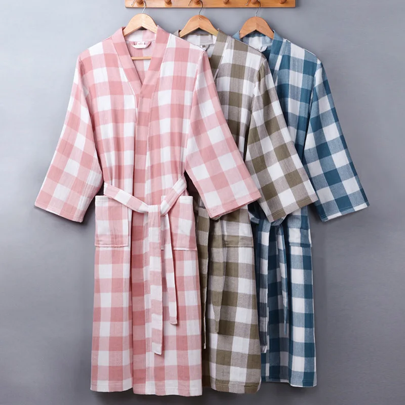 

Dressing Gown Robes100% Cotton Robes Double deck Gauze Plaid Kimono Nightgown Loose large Size Homewear Bathrobe пижама 2020