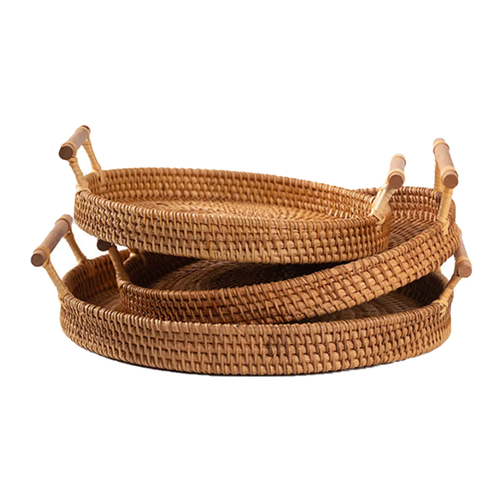 

Handwoven Rattan Storage Decor Tray With Wooden Handle Kitchen Storage Bread Basket Food Tea Fruit Plate Wicker Serving Tray