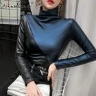 Женская Толстая футболка из искусственной кожи, с длинным рукавом и воротником-хомутом