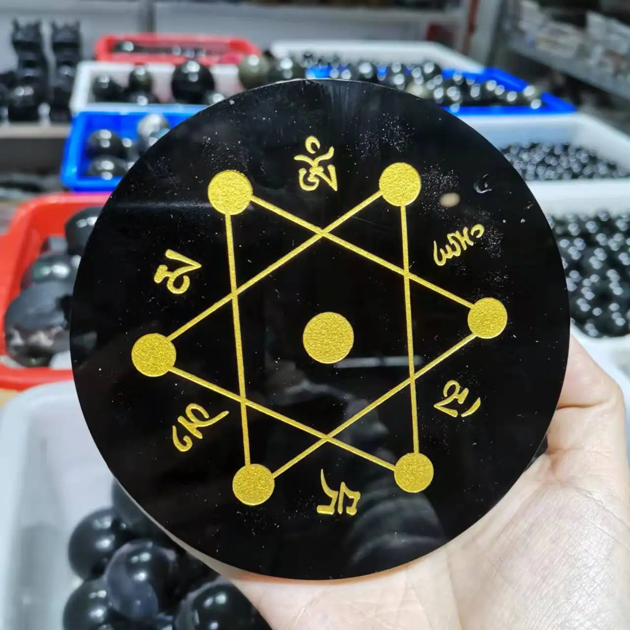 

120mm Natural black obsidian stone Seven star array Base round plate fengshui mirror For Home Decoration