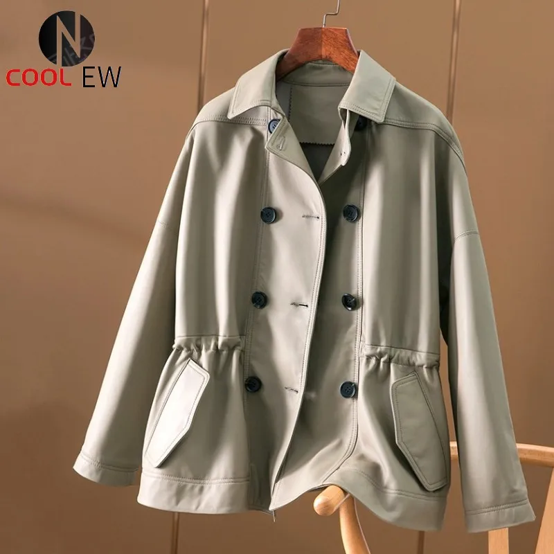 

British Classic Double Breasted Trench Women 100% Genuine Leather Jacket Autumn Outerwear Street Windbreakers Sheepskin Coats