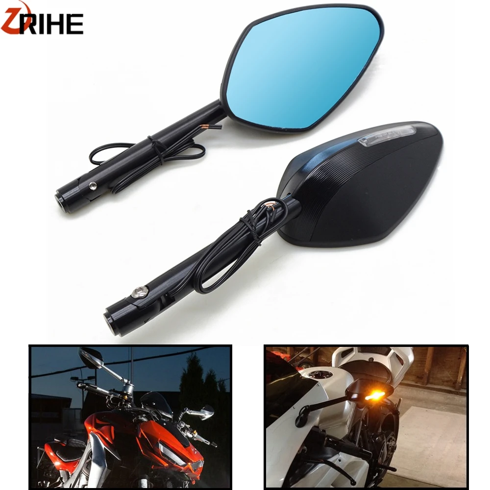 

Motorcycle Rearview Mirror Integrated LED Turn Signal Mirrors For kawasaki yamaha honda suzuki GSXR ducati Cafe Racer