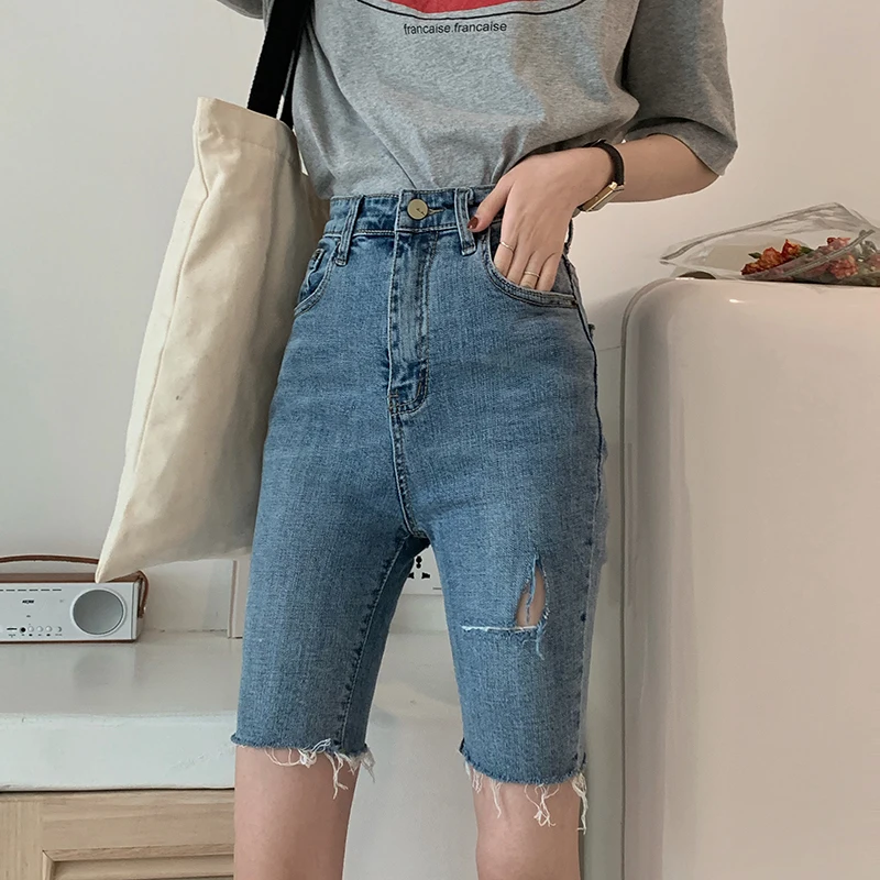Половина Длинные Летние повседневные джинсовые шорты с царапинами для женщин