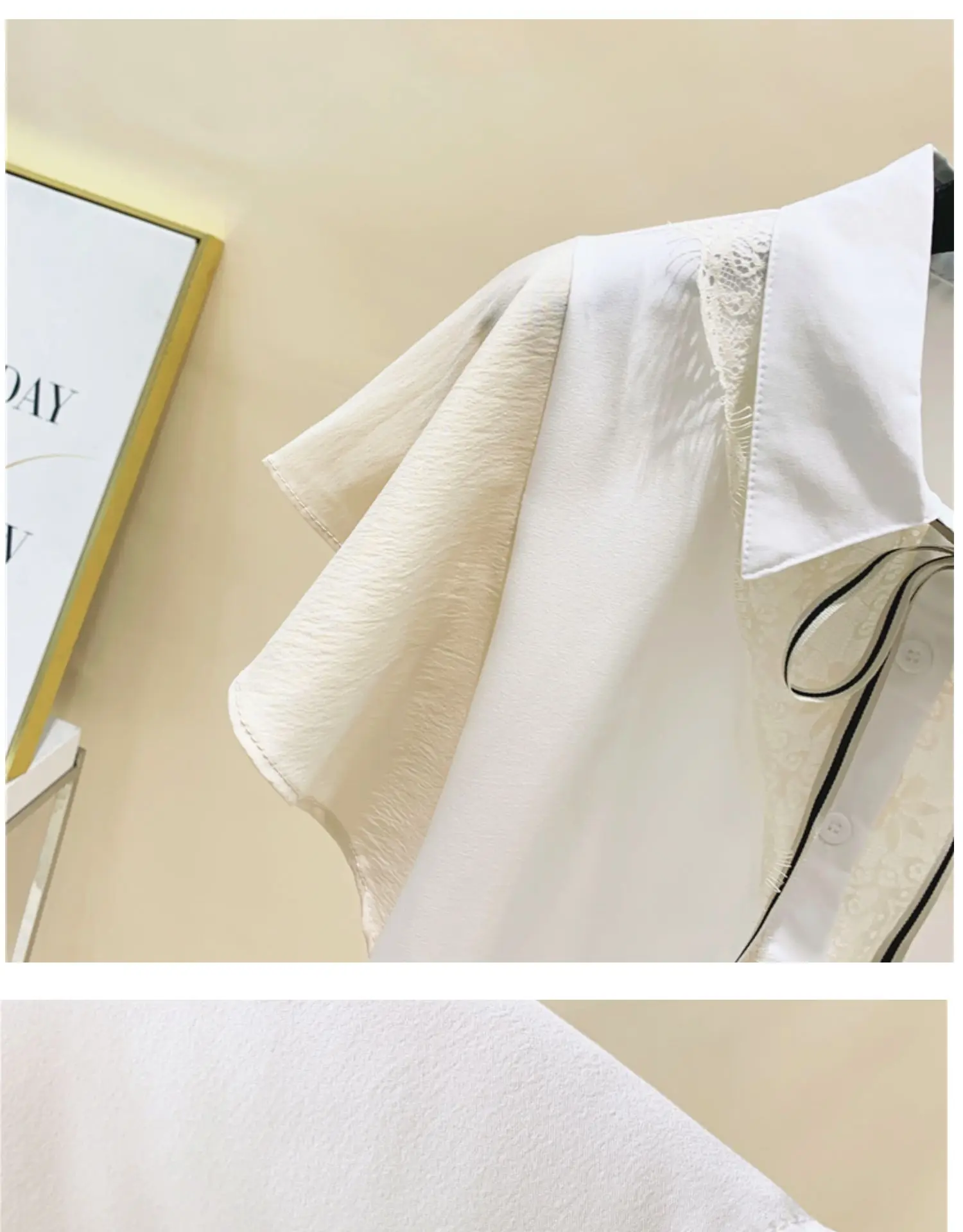 

2021 Summer Lace Stitching Tied Ruffled Ladies Top Short Sleeves Loose Chiffon Women Shirt Fashion Sweet Pullover Blusas