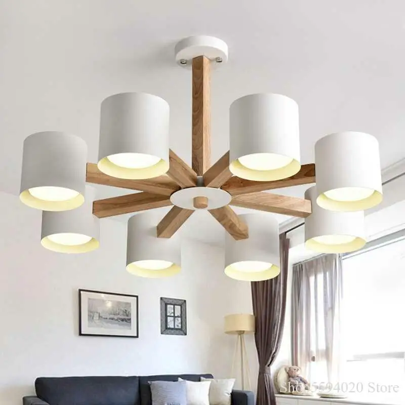 

Modern Wood Chandelier Lights Living Room Bedroom White Lampshade Wooden Hanglamp Art Decor Luminaire Lamparas Lighting