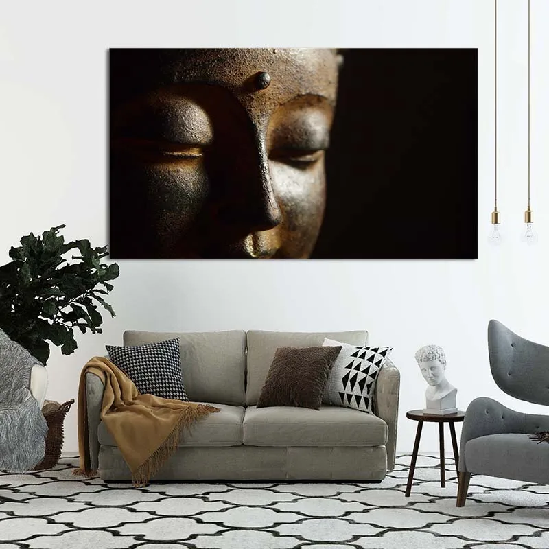 Картина на черном фоне с изображением лица Будды половина портрета религиозным