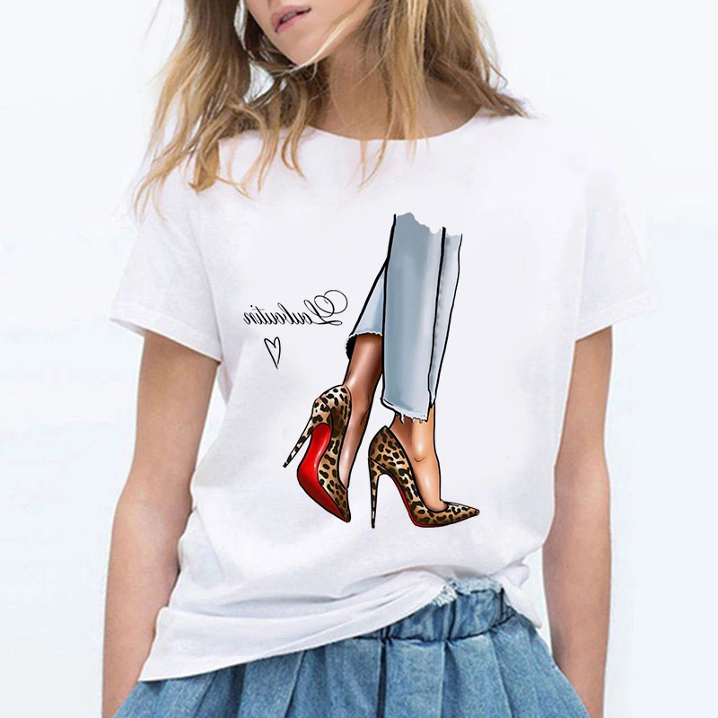 Womens T-shirt casual high-heel T-shirt fashion printed short-sleeved tops and T-shirt graphics T-shirt  Female Clothing