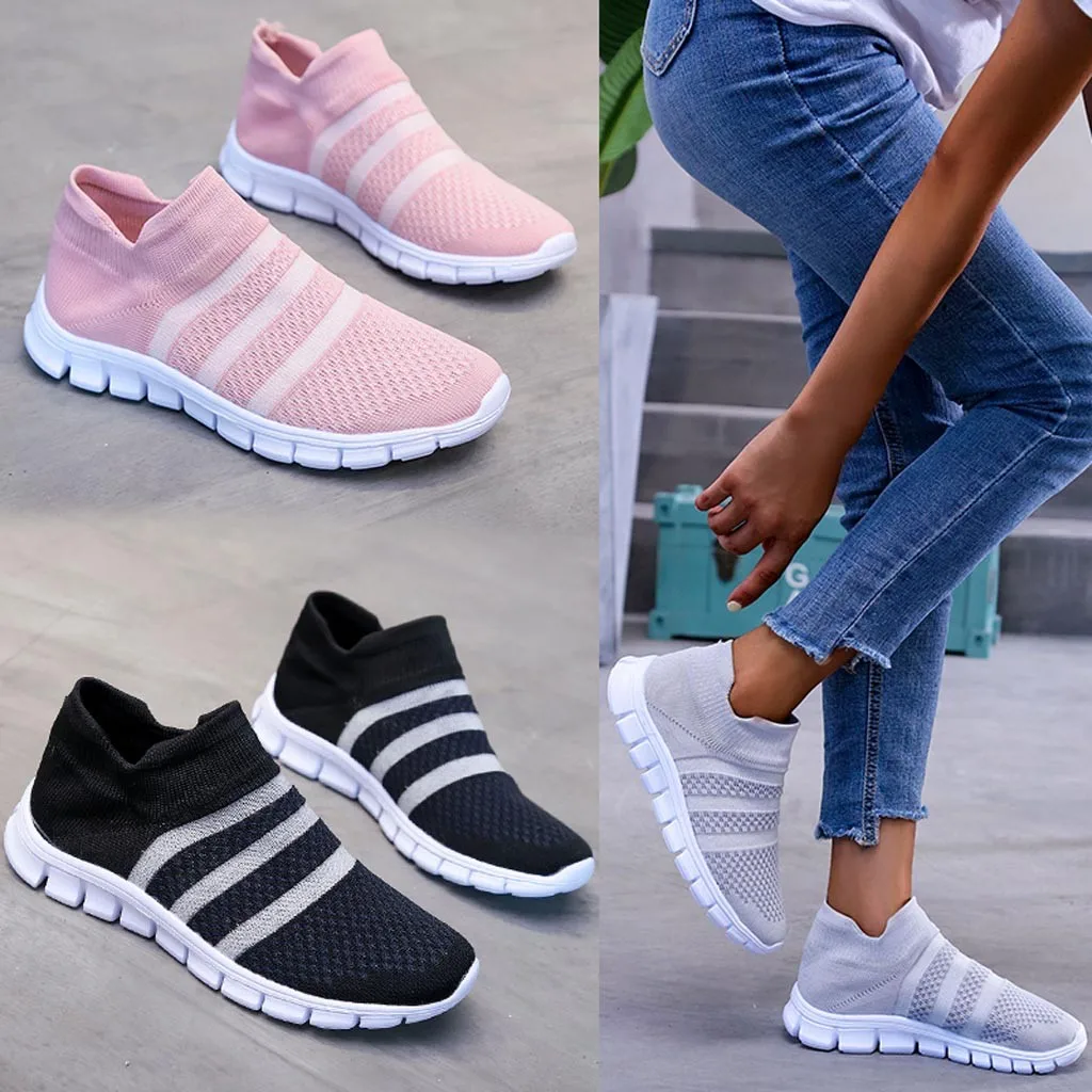 

Women's sports shoes striped lightweight breathable non-slip mesh socks knitted sports shoes flat student couple shoes