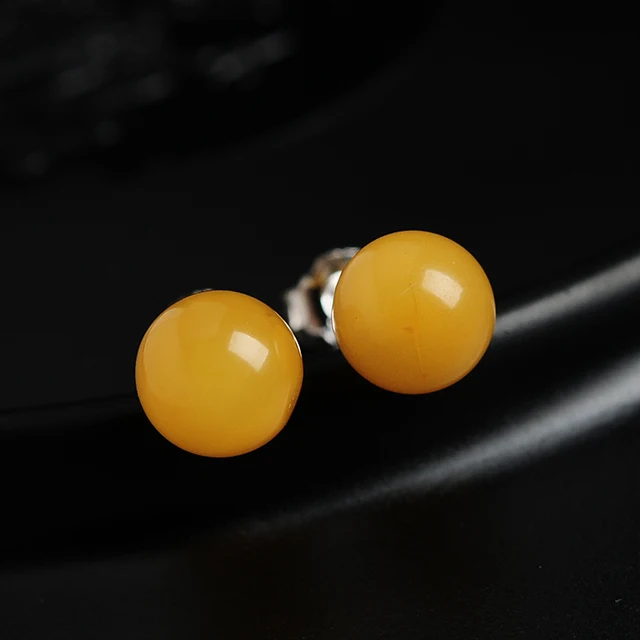 925 Серебряный набор Натуральный Янтарный шар серьги гвоздики желтый медовый воск