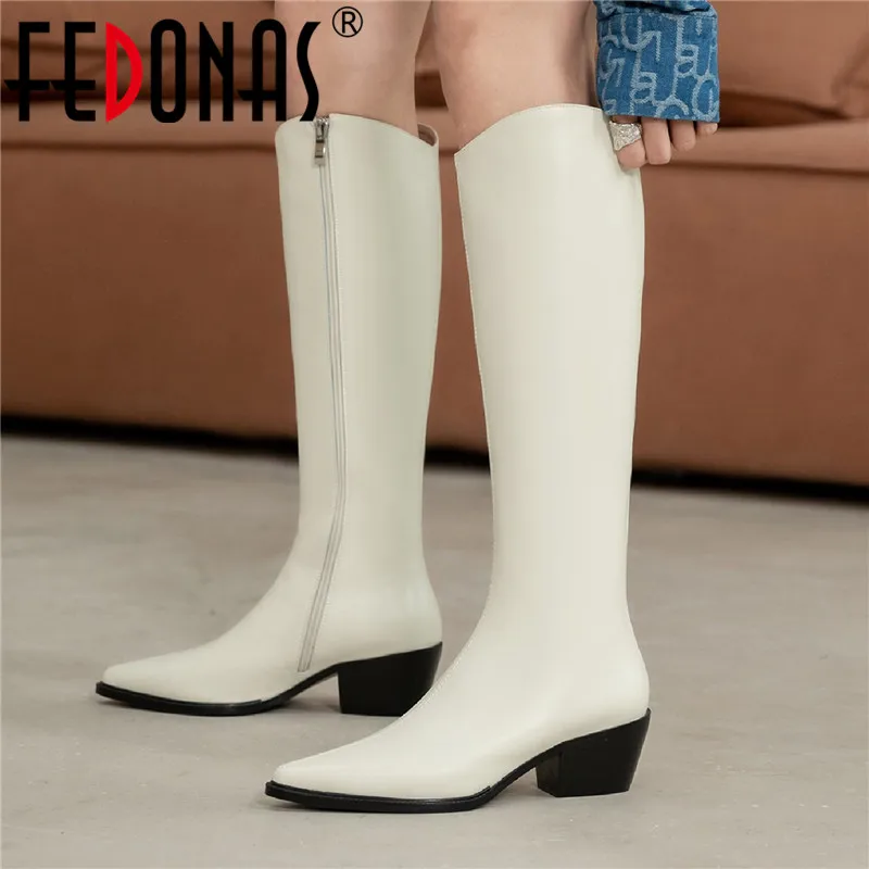 

FEDONAS Elegant Genuine Leather Shoes Woman Side Zipper Pointed Toe High Heels Women Pumps Autumn Winter Party Knee High Boots