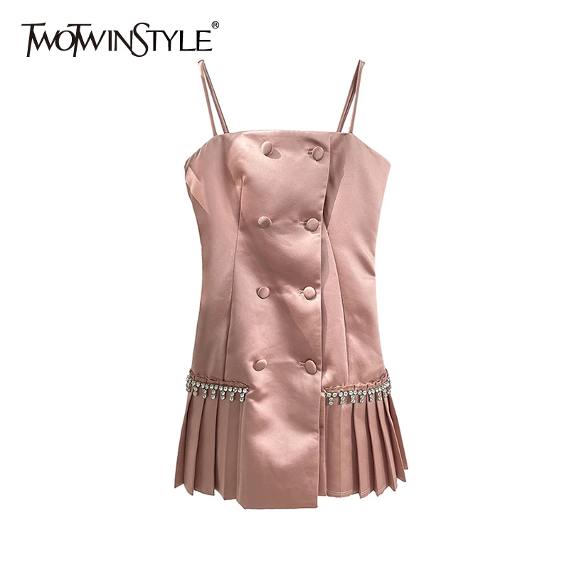 

TWOTWINSTYLE Sexy Patchwork Diamond Pleated Dress For Women Square Collar Sleeveless Mini Dresses Female Fashion New 2021 Style