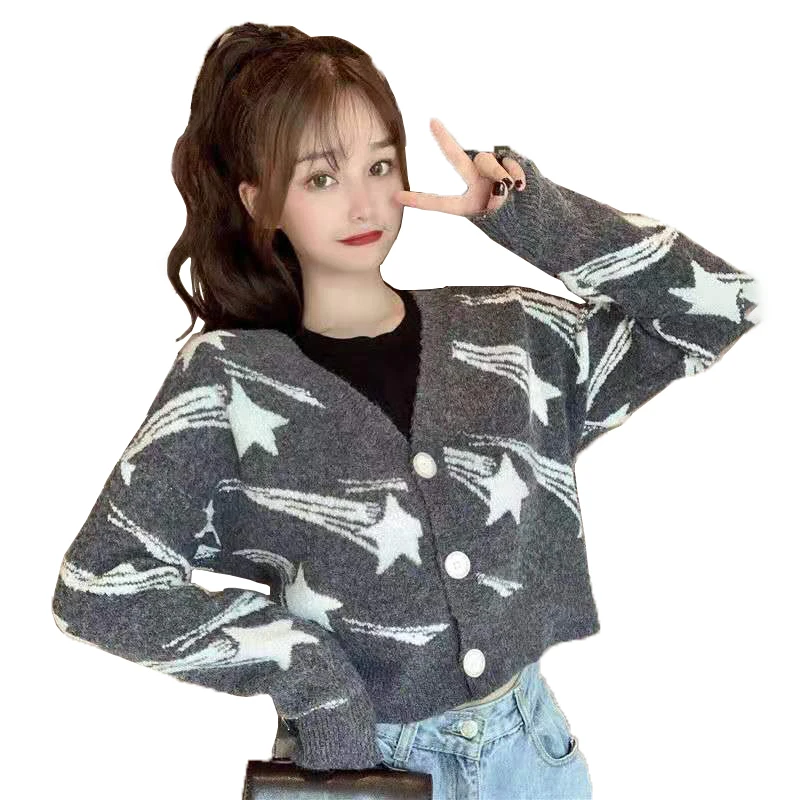 

Vintage Trend Star Graphic Cardigan Women Casual Clothing Autumn New Crop Top Knitted Sweater Korean Style Girl Y2K Streetwear