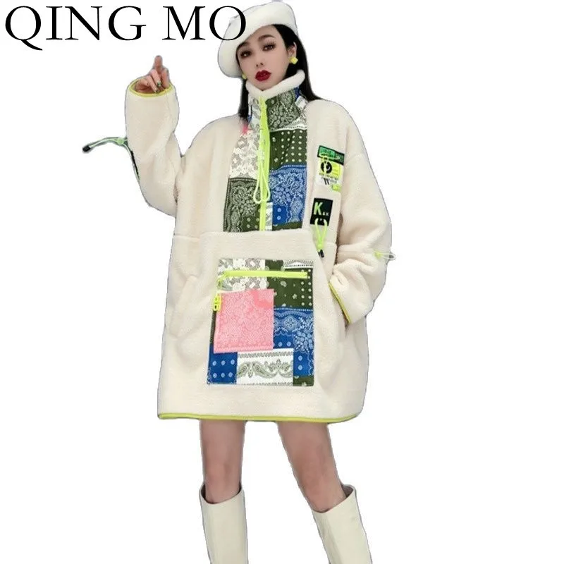 

QING MO 2021 New Winter Stand Up Collar Stitching Big Pockets Cashmere Coat Women Fashion Loose Warm Pullover Women Coat ZWL1467