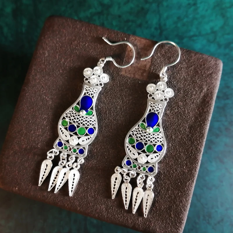 Bastiee 999 Sterling Silver Earrings For Women Vintage Vase Cloisonne Enamel Luxury Jewelry Boho Ethnic Handmade Earings Retro | Украшения