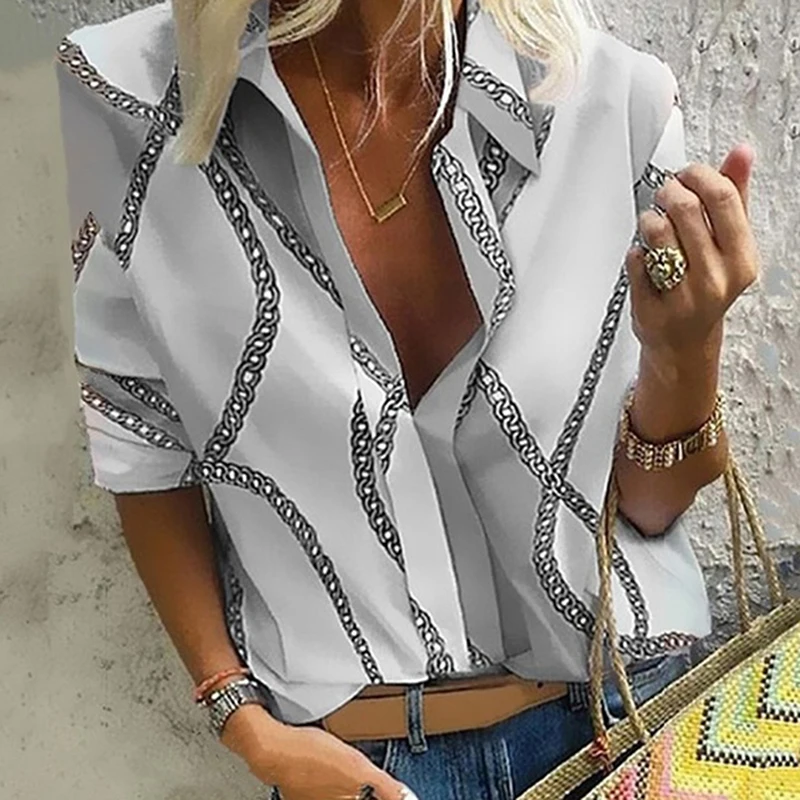 

Autumn Women Leisure Blouse Tops Women chain Print work office Blouse Shirt Lady Stylish Long Sleeve Blouses femmes 2XL